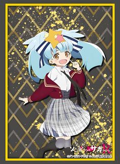 an anime character with blue hair wearing a dress and holding a star in her hand