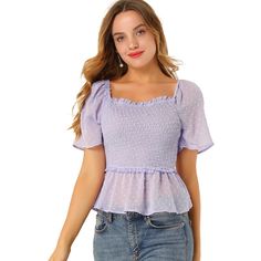 Introducing the perfect chic style for romantic beach nights - the ruffle blouse. Pair it with your favorite casual pants and heels for an effortlessly elegant look. This blouse features a flare short sleeve, square neckline, and cropped length. Please note that it has a see-through design, so make sure to wear it with a suit cami top. Also, please allow for a 1-2cm difference due to manual measurements. Beach Nights, Sheer Floral Blouse, Blouse Purple, Romantic Beach, Sheer Shirt, Women's Blouses, Pinterest Closet, Swiss Dot, Lace Shirt