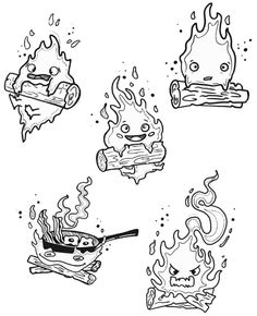 some cartoon drawings that have been drawn in black and white, with flames coming out of them