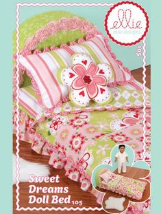 an advertisement for a doll bed with pink and green sheets, pillows, and pillowcases