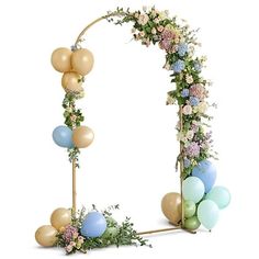 an arch decorated with flowers and balloons for a wedding or birthday party, isolated against a white background