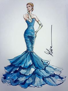 a drawing of a woman in a blue dress