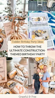 a collage of photos with the words how to throw the ultimate construction themed birthday party