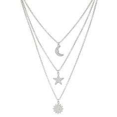 Sterling Silver Cubic Zirconia Sun, Star & Moon Layered Necklace | Kohls White Necklaces, Star Necklaces, Cz Jewellery, Silver Star Necklace, Necklaces White, Star And Moon Necklace, Jewelry Star, Pave Jewelry, Pave Necklace