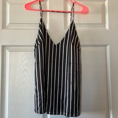 Size M Excellent Condition Strappy Top V-Neck Front Open/Deep V Back Smoke-Free Home Trendy V-neck Camisole For Day Out, Striped V-neck Tank Top, Striped V-neck Tank Top For Spring, Chic Striped Top With Spaghetti Straps, Chic Striped Spaghetti Strap Top, Black V-neck Tank Top For Day Out, Black V-neck Casual Camisole, Casual Striped Camisole With Spaghetti Straps, Casual Black V-neck Camisole