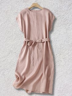 Women's Cotton Linen Vintage Dress Casual Crew-Neck Cap Sleeve Summer Midi Dress Casual Solid Color Sheath Dress, Casual Sheath Dress In Solid Color, Plain Spring Dress For Daywear, Plain Spring Daywear Dress, Casual Sheath Midi Dress For Daywear, Plain Dress For Daywear In Spring, Non-stretch V-neck Dresses For Daywear, Non-stretch V-neck Daywear Dresses, Plain Non-stretch Knee-length Dresses