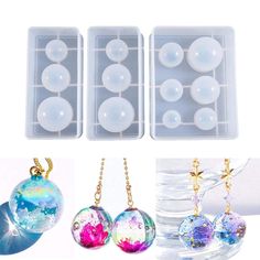 four pieces of jewelry are shown in plastic cases and one is filled with glass balls