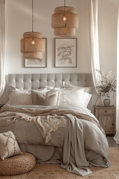 a bedroom with two lamps above the bed and pillows on the headboard, along with a wicker basket