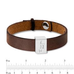 He'll wear this handwiring or photo leather bracelet proudly - a unique and sentimental accessory with personalized design just for him. Fashioned in sterling silver This style showcases a rectangle-shaped accent with a photo or handwritten message - provided by you - expertly transferred using modern technology. Your selection of black or brown leather completes the look. This 8.5-inch bracelet secures with a push-through button and buckle clasp. Please follow these steps: 1) Place your order; 2) Text your photo or your handwriting directly from your smartphone to (972) 483-2900; and 3) When prompted, please respond with your Order Confirmation #. Standard text messaging rates may apply. Rectangular Leather Jewelry With Engraving, Everyday Leather Jewelry With Engraving Option, Rectangular Leather Engraved Jewelry, Personalized Leather Bracelets With Engraving Option, Rectangular Leather Bracelet As A Gift, Rectangular Leather Bracelet For Gift, Everyday Engraved Brown Leather Bracelet, Rectangular Leather Bracelet Gift, Casual Jewelry With Leather Strap As Gift