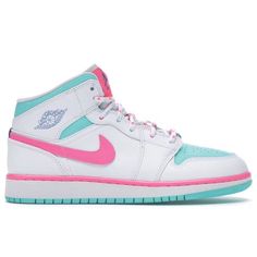 Size: 6y Brand: Jordan Nike Color: White / Pink / Green (Light Blue) Material: Faux Leather Condition: Excellent, Worn A-Couple Times Rating: 10/10 No Staining ( Stock X Asking Price Is $212 ) Same Day Or One Day Shipping Message Me For Details Create Your Bundle Today Buy Now Pink Mid-top Jordan Shoes With Boost Midsole, Pink Custom Sneakers For Spring Sports, Pink Basketball Shoes For Spring Streetwear, Sporty Pink Basketball Shoes For Spring, Pink Round Toe Basketball Shoes For Spring, Pink Jordan Shoes With Cushioned Footbed, Jordan 1 Mid White, Blue Jordans, Womens Jordans