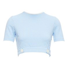 MIU MIU 2019 blue white gingham seersucker scalloped crop top XS Reference: YIKK/A00115 Brand: Miu Miu Designer: Miuccia Prada Collection: 2019 Material: Polyamide, Blend Color: Blue, White Pattern: Gingham Closure: Button Lining: Blue Fabric Extra Details: Back buttons. Made in: Italy CONDITION: Condition: Excellent, this item was pre-owned and is in excellent condition. This piece appears to be unworn and is in great condition. Comes with: Style code present (Generic) SIZING Designer size: XS Check Crop Top, Miu Miu Top, Top Png, Blue Knit Top, Knit Swimwear, Gingham Top, Crop Top Hoodie, Crop Top Dress, Wrap Crop Tops