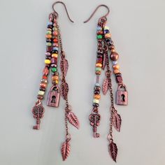 Handmade hypoallergenic earrings with copper accents, dangly and long at 4 1/4 inches Locks And Keys, Copper Key, Lock And Key, Copper Chain, Antique Copper, Natural Organic, Boho Earrings, Glass Beads, Copper