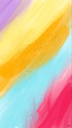 an abstract painting with yellow, pink and blue colors