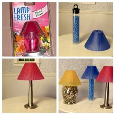 four different colored lamps are sitting on a table next to a bag of chips and a lamp fresh