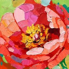 an oil painting of a red flower with yellow and pink petals on it's petals