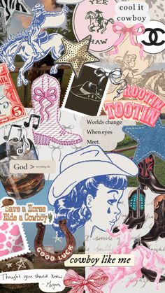 a collage of various stickers and decals on a piece of paper that says, cowboy like me