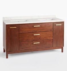 an image of a bathroom vanity with two sinks and marble counter top on white background