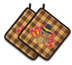 Thanksgiving Turkey Wink Pair of Pot Holders BB7114PTHD by Caroline's Treasures Oven Mitts And Pot Holders, Silicone Oven Mitt, Christmas Tablescape, French Stripes, Hot Pad, Christmas Tablescapes, Bbq Party, Executive Chef, Oven Glove