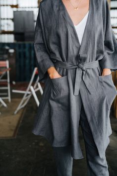 "Doha Kimono - Grey Linen Kimono - Long Linen Kimono - Oversized Kimono - Summer Coat - Women Kimono - Linen Jacket - Oversized Jacket -----------We do make custom made clothes. Just let us know your measurements ------------------- * Doha kimono * Handmade * Colour: grey * 100 % washed & softened Lithuanian linen * 205 g/m2 * Pockets * Belt * Perfect for maternity * Length of the kimono - 95 cm * Length of the sleeves - 45 cm The model is 178 cm height and is wearing size M. Choose your siz Casual Outerwear With Kimono Sleeves, Casual Outerwear With Kimono Sleeves And Pockets, Casual Robe With Relaxed Fit For Fall, Casual Relaxed Fit Robe For Fall, Casual Fall Robe With Relaxed Fit, Casual Relaxed Fit Fall Robe, Casual Fall Daywear Robe, Long Sleeve Kimono With Pockets And Relaxed Fit, Casual Relaxed Fit Kimono With Pockets