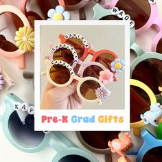 a person holding up some colorful sunglasses with flowers on them and the words pre - k grad gifts