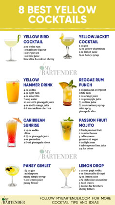 Best Yellow Cocktails Yellow Mixed Drinks Alcohol, Yellow Party Drinks, Pineapple Passion Cocktail, Yellow Alcoholic Drinks For A Party, Yellow Themed Alcoholic Drinks, Golden Cocktails Drinks, Yellow Drinks For Party, Pineapple Cocktail Drinks, Yellow Cocktails Recipes