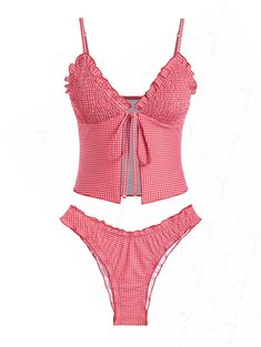 Seamolly Red Gingham Ruffles Tie Front Tankini Set Summer Fits Vacation, Gingham Swimwear, Bright Swimsuit, Gingham Swimsuit, Swimwear Fabric, Tankini With Shorts, Tank Bikinis, Floral Swimwear, Neon Bikinis