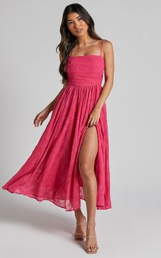 Adina Midi Dress - Embroidered Strappy Straight Neck Ruched Bodice Dress in Pink | Showpo USA Spring Pink Maxi Dress With Straight Neckline, Pink Maxi Dress With Straight Neckline For Spring, Pink Sundress With Straight Neckline, Summer Maxi Dress With Straight Neckline For Bridesmaid, Maxi Dress With Straight Neckline For Bridesmaid In Summer, Bridesmaid Maxi Dress With Straight Neckline For Summer, Pink Dress With Straight Neckline For Gala, Chic Pink Sleeveless Dress With Sweetheart Neckline, Pink Lined Bodice Maxi Dress For Summer