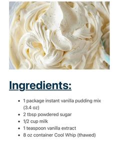 ingredients for whipped cream in a bowl on a white background with the words ingredients below it