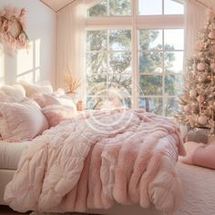 a bedroom decorated for christmas with pink and white decor