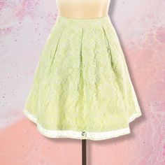 Brand New And In Excellent Condition! Nwt. Bright Lime And White Pleated Lace And Floral Patterned Mini Skirt / A-Line Skirt With A Flare And Zipper On The Back. Size: L Material: Shell: 100% Polyester. Lining: 55% Linen, 45% Cotton. Waist: 16 Hips: 21 Length: 19 *All Measurements Are Taken Myself And Are Approximate. Every Item Is Measured Flat And In Inches! Thank You! Offers Are Welcome! Feel Free To Send Me One And Ask Me Any Questions! - Happy Poshing! Elegant Full Mini Skirt For Spring, White Pleated Skirt For Spring Party, Feminine A-line Party Skirt, Spring A-line Mini Skirt With Lining, Spring A-line Flowy Mini Skirt, Flowy A-line Mini Skirt For Spring, Feminine Fitted Pleated Skirt For Party, Chic Lace Mini Skirt For Spring, Relaxed A-line Mini Skirt For Spring