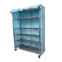 a metal shelving unit with blue tarp on top