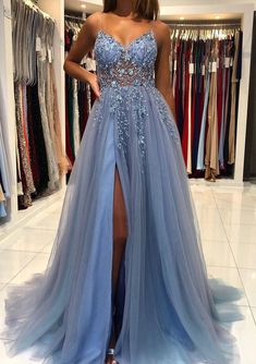 A-line V Neck Spaghetti Straps Long/Floor-Length Tulle Prom Dress With - Princessly Blue Tulle, Beaded Prom Dress, Long Prom Dresses, Dresses 2024, Tulle Prom Dress, Long Prom Dress, Formal Evening Dresses, Evening Dresses Prom, Ocean Blue