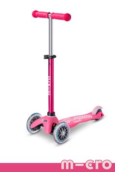 a pink scooter with two wheels on the front and back wheel is shown