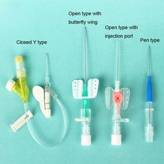 four different types of medical devices on a blue background with instructions for opening and closing them