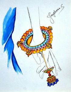 a drawing of a woman's feet with colorful jewelry