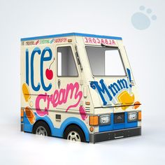 an ice cream truck is shown on a white background with the words ice cream written in blue and pink