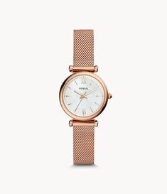 Carlie Three-Hand Rose Gold-Tone Stainless Steel Watch - ES4433 - Fossil Minimalist Watch, Hand Watch, Fossil Watches, Three Hands, Gold Models, Rose Gold Case, Mesh Bracelet, Stainless Steel Mesh, Skagen