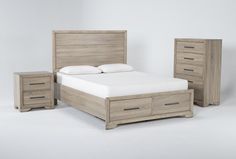 a bed with two nightstands and a night stand next to it on a white background