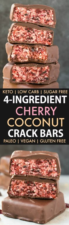 No Bake Chocolate Cherry Coconut Crack Bars (Keto, Paleo, Vegan, Sugar Free)- An easy 4-ingredient recipe for cherry coconut bars and ready in minutes- A cherry coconut filling covered in healthy chocolate- The perfect low carb no bake dessert! #nobake #ketorecipe #ketodessert #lowcarb #sugarfree | Recipe on thebigmansworld.com Chocolate Desserts In A Cup, Cherry Coconut Bars, Dried Cherry Recipes, Desserts In A Cup, Coconut Filling, Cherry Coconut, 4 Ingredient Recipes, Low Carb Ideas, Coconut Bars