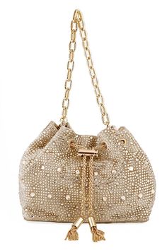 Gold bucket bag studded with swarovski stones and chain drawstring closure. Comes with a short handle chain. - Aza Fashions Luxury Gold Bucket Shaped Bag, Evening Bucket Bag With Rhinestones, Evening Bucket Bags With Rhinestones, Gold Pouch-shape Evening Bucket Bag, Gold Pouch-shaped Bucket Bag For Evening, Luxury Chain Bag For Events, Elegant Party Bucket Bag With Gold-tone Hardware, Elegant Bucket Bag With Rhinestones, Elegant Rhinestone Bucket Bag