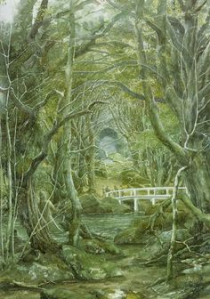 a painting of trees and a bridge in the woods