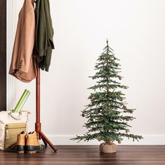 a small christmas tree sitting next to a coat rack