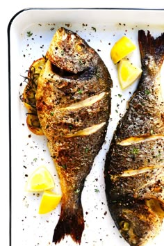 two fish on a plate with lemons and parsley