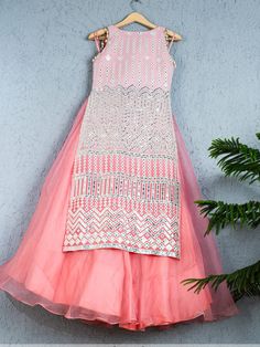 Pink Organza Lehenga, Lehenga With Jacket, Applique Kurta, Georgette Kurta, Leather Applique, Organza Lehenga, Applique Work, Long Kurti Designs