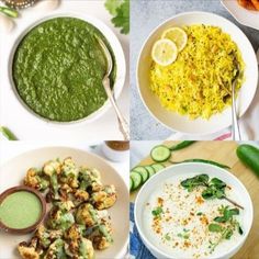 four different bowls filled with food on top of a table