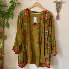 New With Tags, Beautiful And Unique Layer With Sequin Embroidery Throughout. Color Is Listed As "Citron," I Think It Can Also Be Described As A Light Mossy Green Color. Very Boho/Vintage Vibes. Made In India. Originally $120, Bought On Sale For $90, Selling For $60. Size: M Measurements: See Photos Materials: 100% Polyester Condition: Nwt Any Questions Or Clarifications, Lemme Know In The Comments! Folk Style Cotton Kimono For Spring, Folk Style Multicolor Kimono For Spring, Embroidered Multicolor Kimono For Summer, Embroidered Kimono For Spring Festival, Yellow Cotton Kimono For Spring, Traditional Kimono With Multicolor Embroidery For Spring, Casual Embroidered Kimono For Festival, Folk Style Multicolor Embroidered Kimono For Spring, Summer Casual Embroidered Kimono