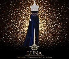 a mannequin wearing a blue dress with gold glitters behind it and the words luna