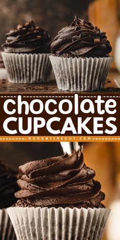 three chocolate cupcakes sitting on top of each other with the words chocolate cupcakes above them