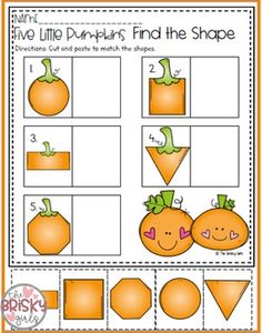 an orange themed printable worksheet for the shape and number matching game with pumpkins