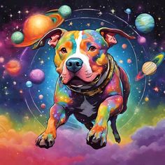 a painting of a dog in the sky with planets and stars around it's neck